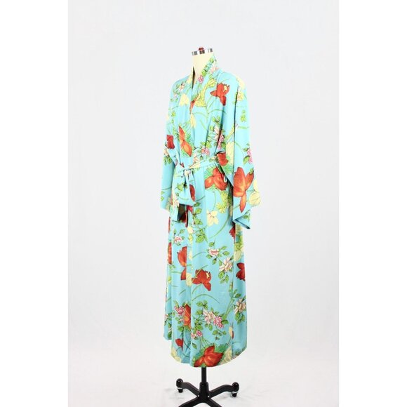 NWOT NATORI Turquoise Blue Floral Matte Satin Kimono Robe, Size M - Picture 4 of 13